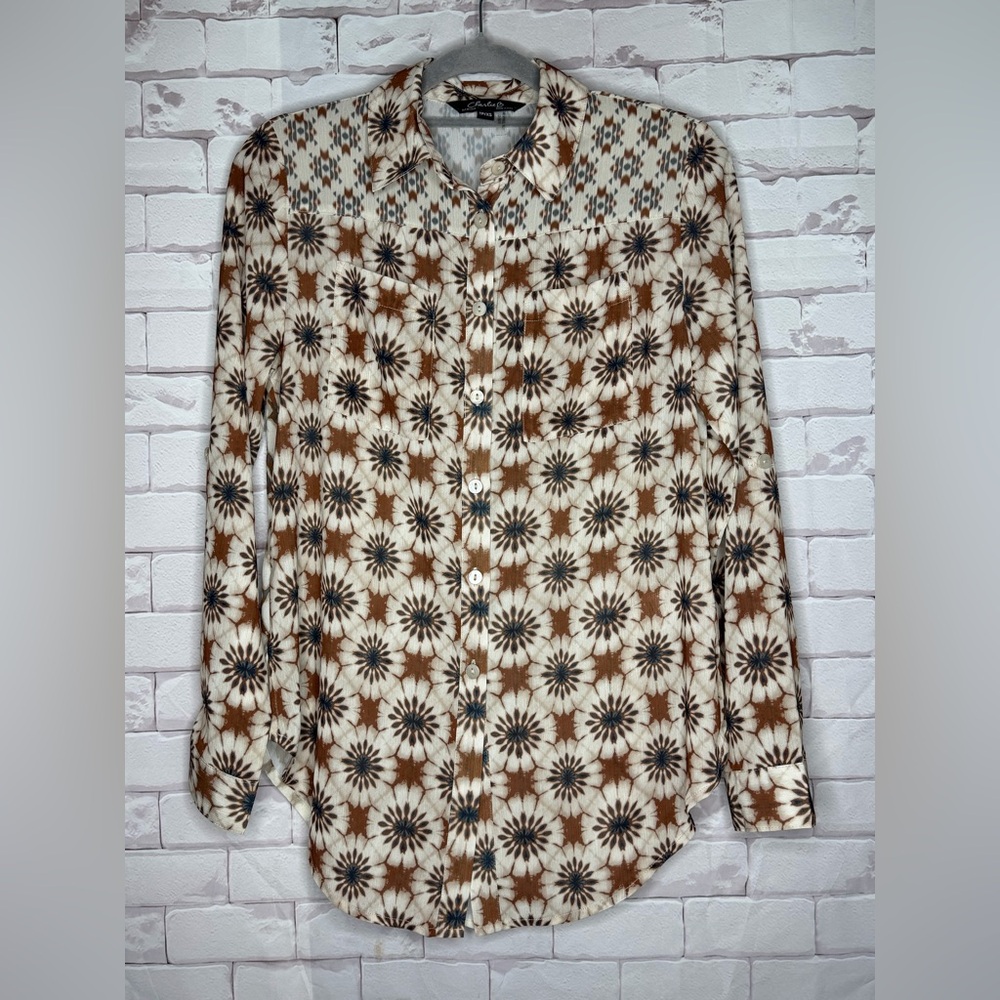 Charlie B Floral Button-Down 70s Style Shirt | Brown & Cream | Size TP/XS
